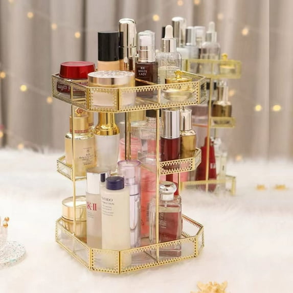 ZXNYH 360 Degree Rotation Makeup Organizer Antique Countertop Cosmetic Storage Case, Glass Beauty Display, Gold Spin Large Capacity Holder for Skincare Toner Makeup