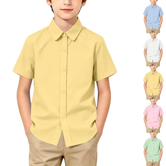 DJDLJWCJ Teen Boys School Uniform Shirts 18 Boys Button Down Shirts Short Sleeve Lapel Solid Color polo Shirt Yellow Size 7