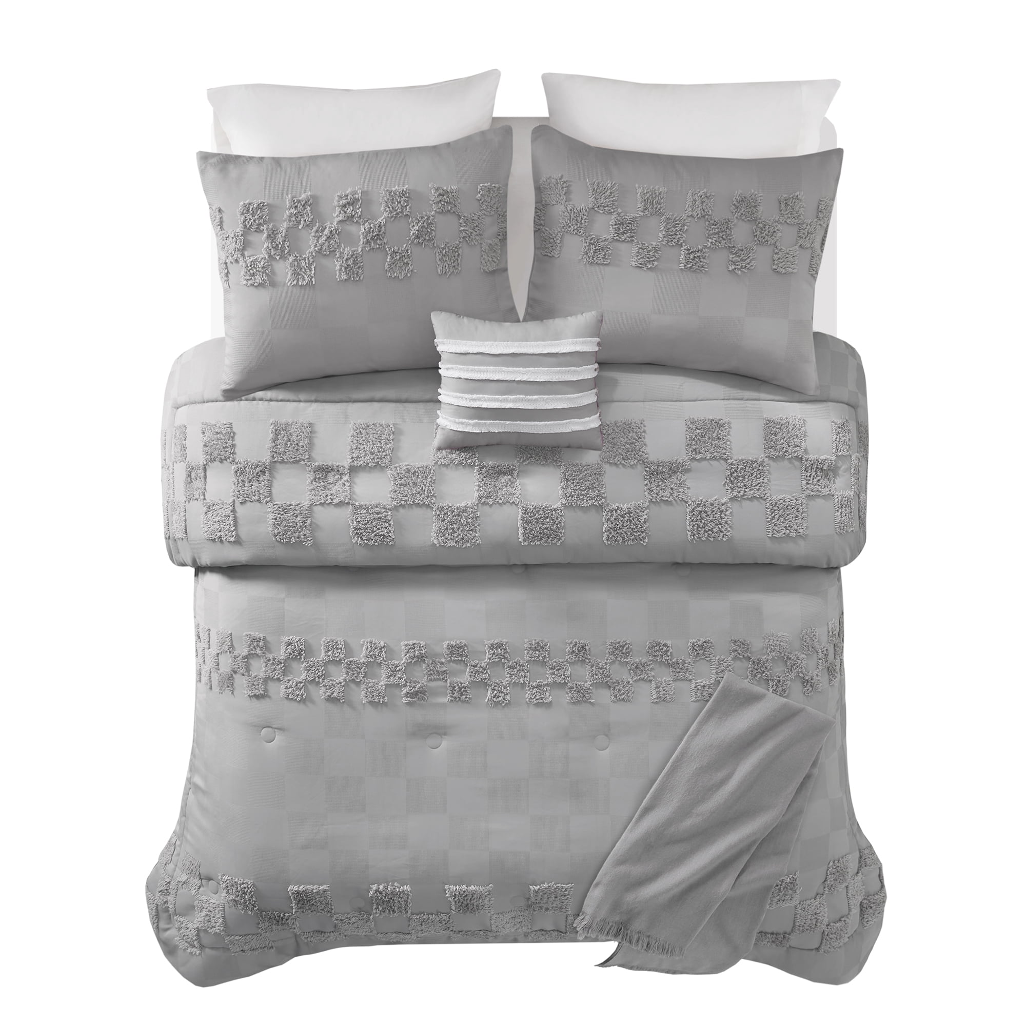 Mainstays 5-Piece Grey Check Comforter Set, Full/Queen