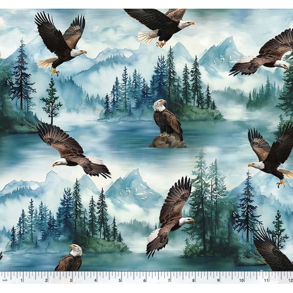 Cotton Wildlife Animals Bald Eagle Pine Trees Mountains Landscape Water Windham Fabrics Cotton Fabric Print by the Yard (55028D-1)