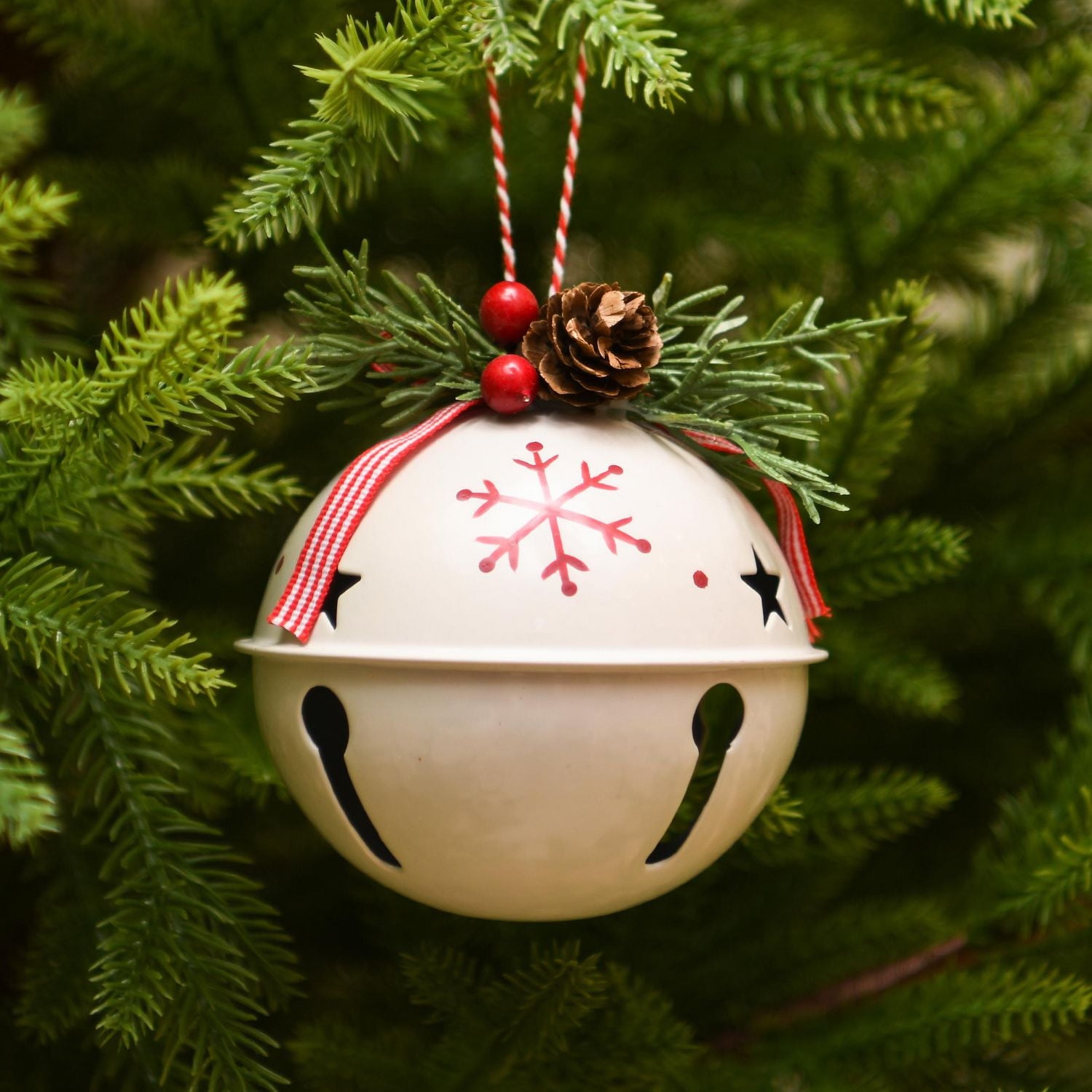 Holiday Time Winter Chalet Jingle Bell with Red Snowﬂake Ornament, White