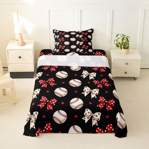 Feelyou Black Red Baseball Twin Sheets for Girls, Red Polka Dot Bow Bedding, 3 Pieces, 1 Flat Sheet, 1 Fitted Sheet and 1 Pillowcase