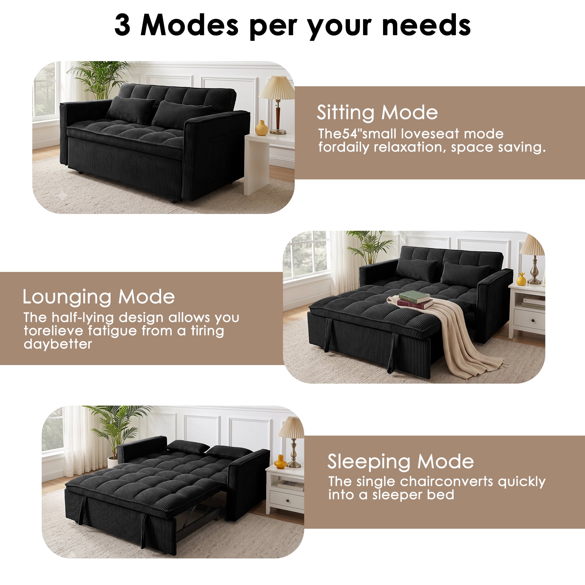 AISWORD Sleeper Sofa Bed, 3-in-1 Convertible Pull Out Couch with Adjustable Backrest for Living Room, Loveseat Sofa Bed with Side Pockets, Black
