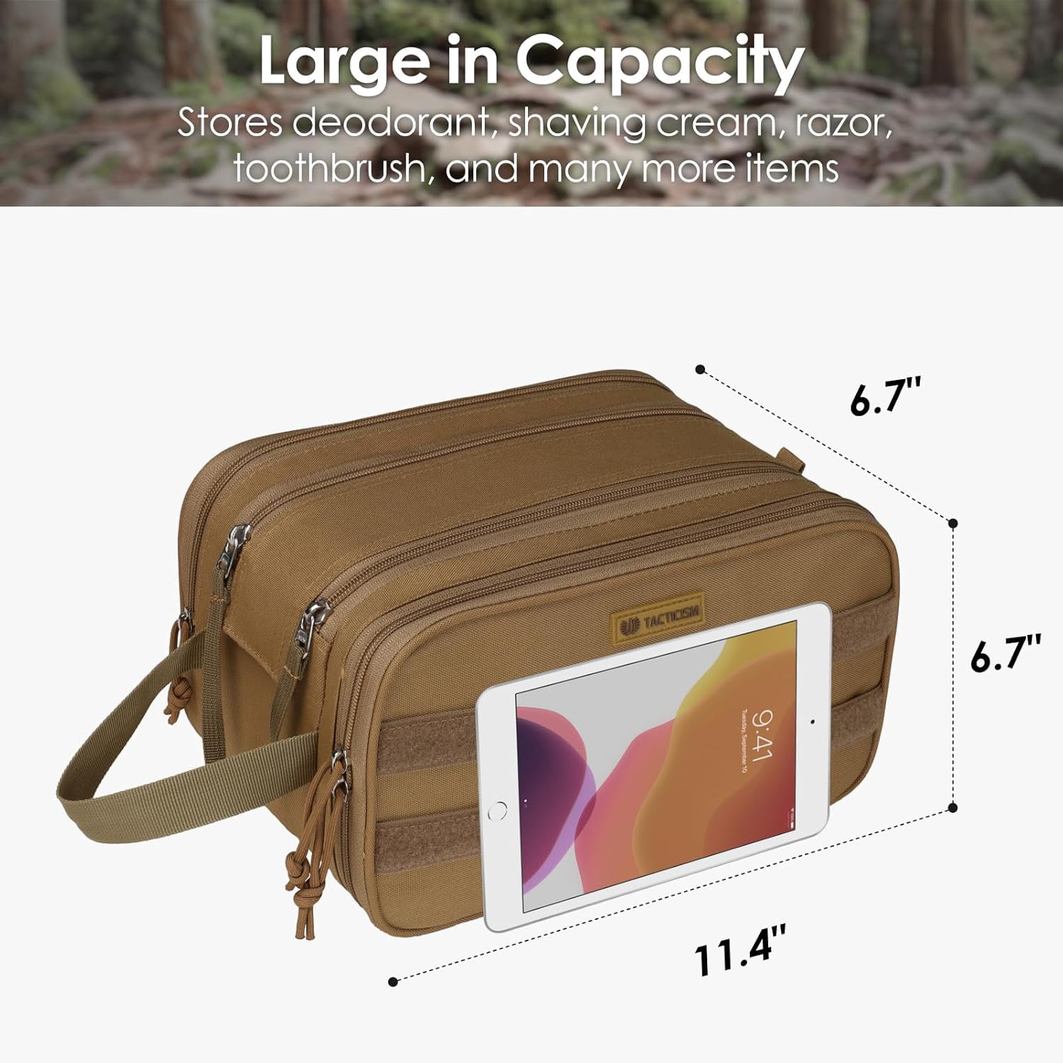 Toiletry Bag for Men - Extra Large Dry Wet Separate Travel Toiletry Bag, Tactical Molle Dopp Kit for Men, Water-Resistant Shaving Bag for Travel Camping Gym, Brown