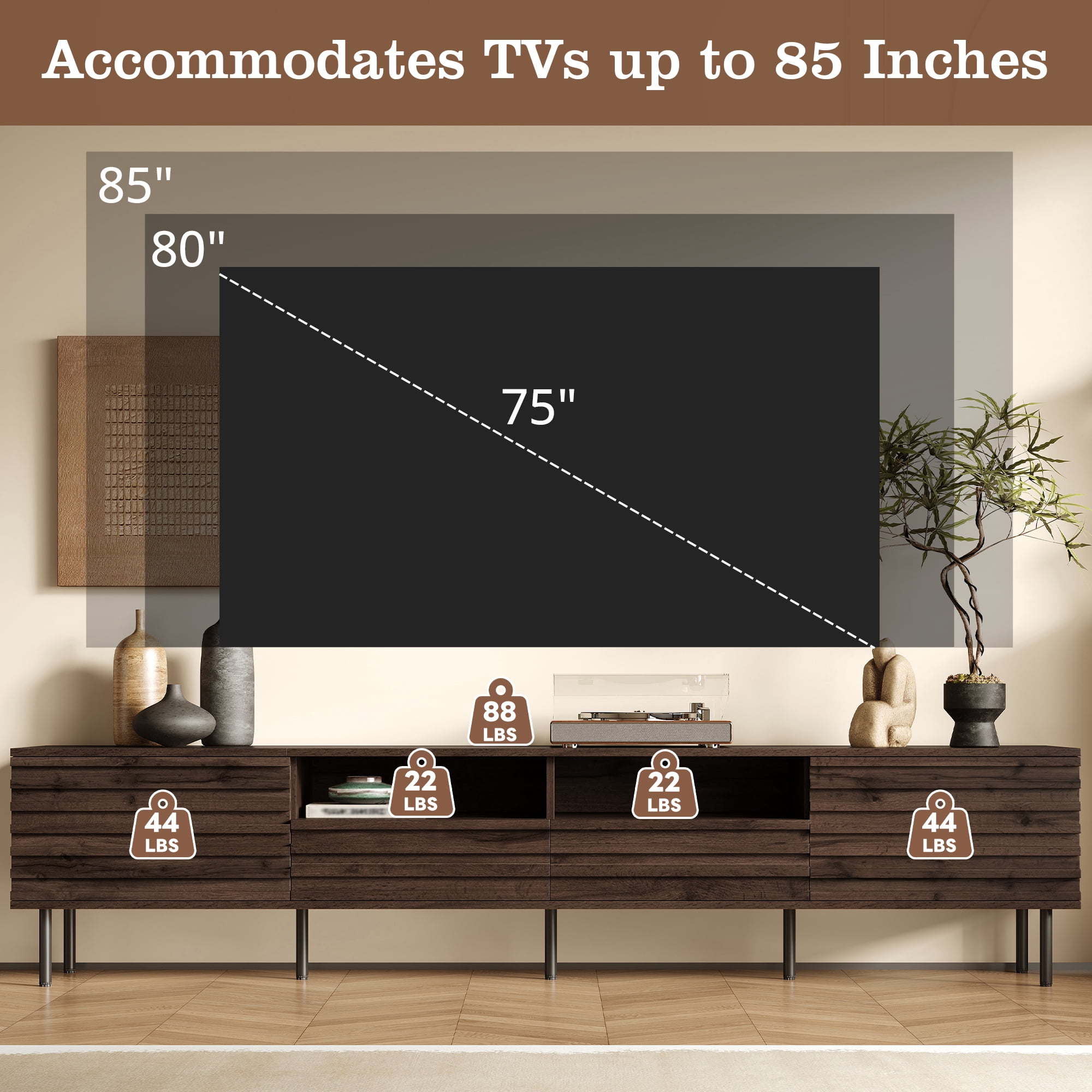 Euroco 78 inch Modern TV Stand for TVs up to 85", Entertainment Center with Closed Storage & Cable Management, Soft-Closing Hinges, Iron Legs for Living Room