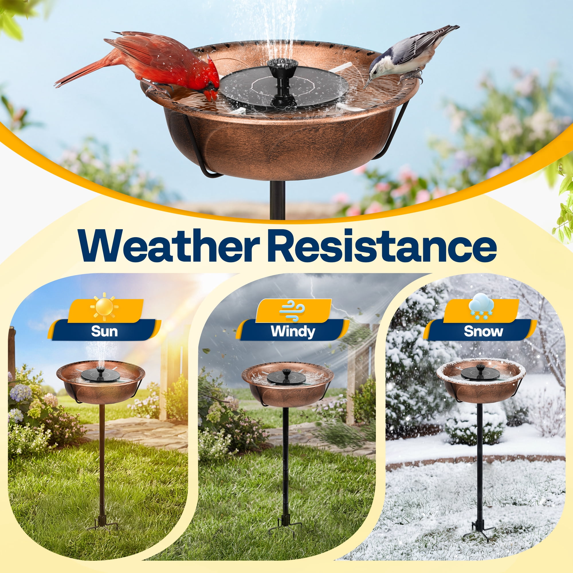 SPECSTAR Bird Bath with Solar Fountain for Outside, Weather-Resistant ABS Birdbath Bowl with Solar Powered Pump, Metal Ground Stake for Outdoor, Garden, 1.45 Gallons, Bronze