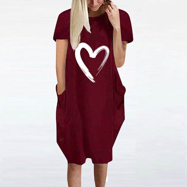 Puntoco Vestido De Manga Corta Con Cuello En V, Vestido Casual Suelto Con Estampado De Amor Para Mujer Burdeos Xl