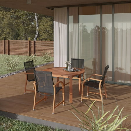 Amazonia 5-Pieces Eucalyptus Round Patio Dining Set with 4 Armchairs Natural/Brown