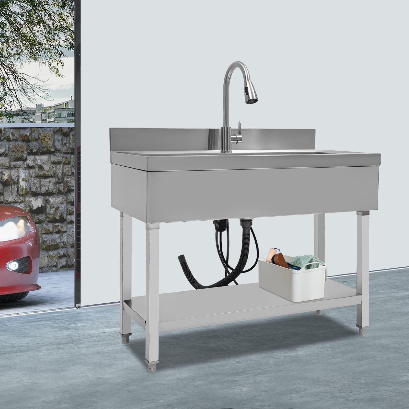 Loyalheartdy Stainless Steel Commercial Sink Freestanding Single High Capacity Utility Sinks with Pull-Out Faucet & Storage Shelf for Kitchen Laundry Room Garage Outdoor Garden 36" x 20" x 49"