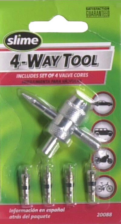 Slime 4-Way Valve Tool with 4 Replacement Valve Cores - 20088