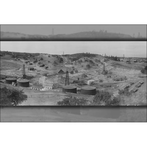 24"x36" Gallery Poster, Undated photo of Palmer Oil Co. area of operations on Cat Canyon Oil Field, circa 1911