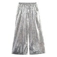 thumbnail image 2 of ZHOGXU Big Kids Girls Pants Elastic Waist Solid Color Sequins Wide Leg Straight Fit Shiny Dance Trousers For Party Stage Performance Silver 3-4 Years, 2 of 4
