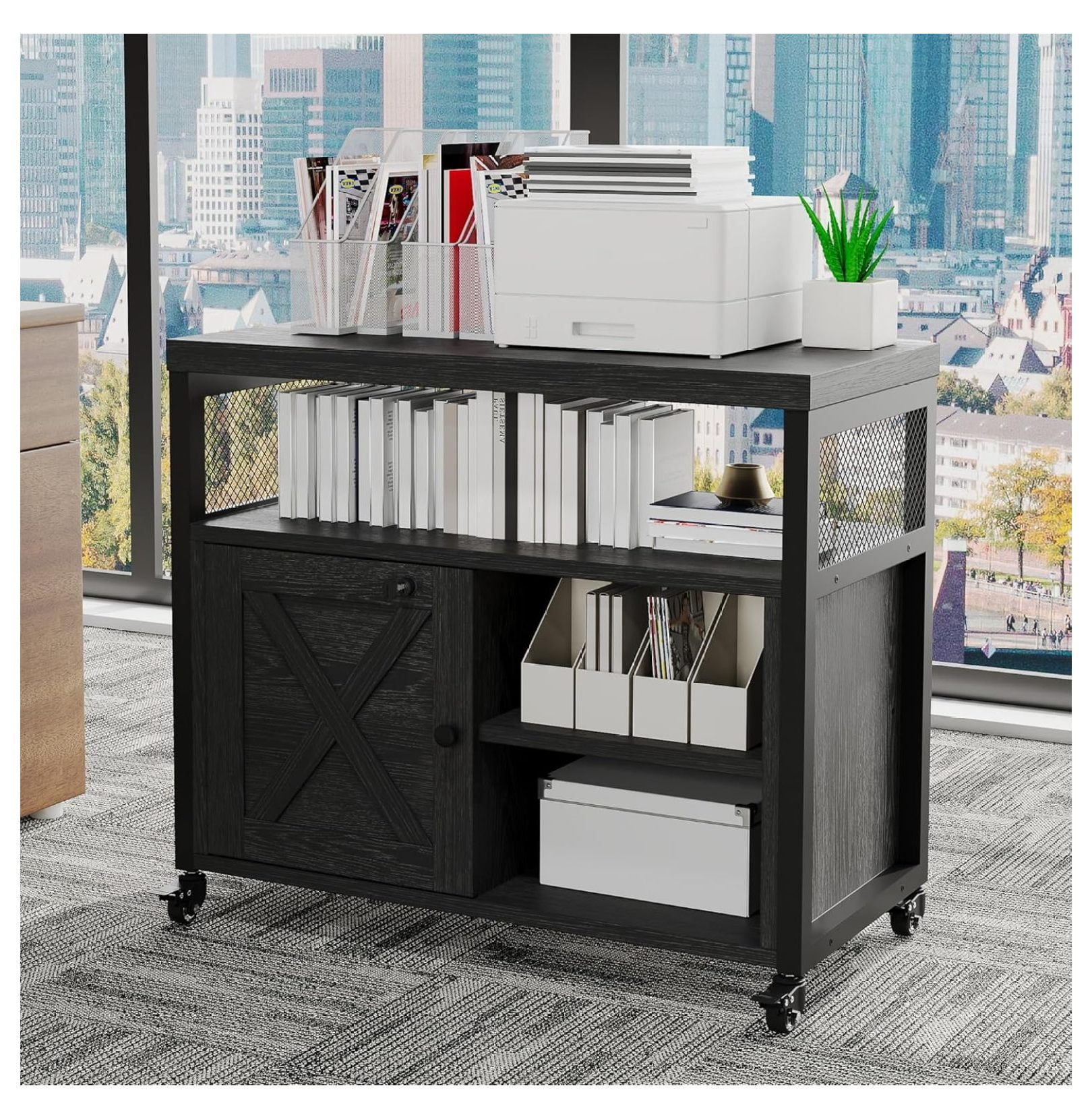 Farmhouse Printer Stand with Storage, Rolling Printer Cabinet with Shelves, Station, Wheels, and File Cabinet for Home Office Storage (Black)