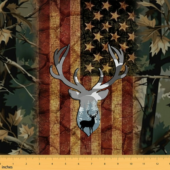 jejeloiu Deer Silhouette Fabric by the Yard 1 Yard,Vintage American Flag Home Decor Fabric by the Yard,Retro Camouflage Maples Sewing Fabric For Children,Microfiber Bedroom Decor