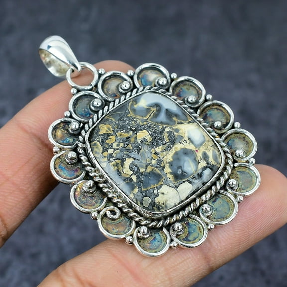 Adidev 30 Carat Maligano Jasper Gemstone Square ShapeSilver Color 925 Sterling Silver Pendant for Women