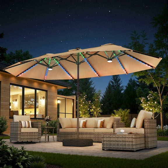 Toject 15ft Large Patio Umbrellas with Solar Lights, Double-Sided Outdoor Market Rectangle Umbrellas with Colorful LED Lights for Backyard, Outside(Tan, Base Included)