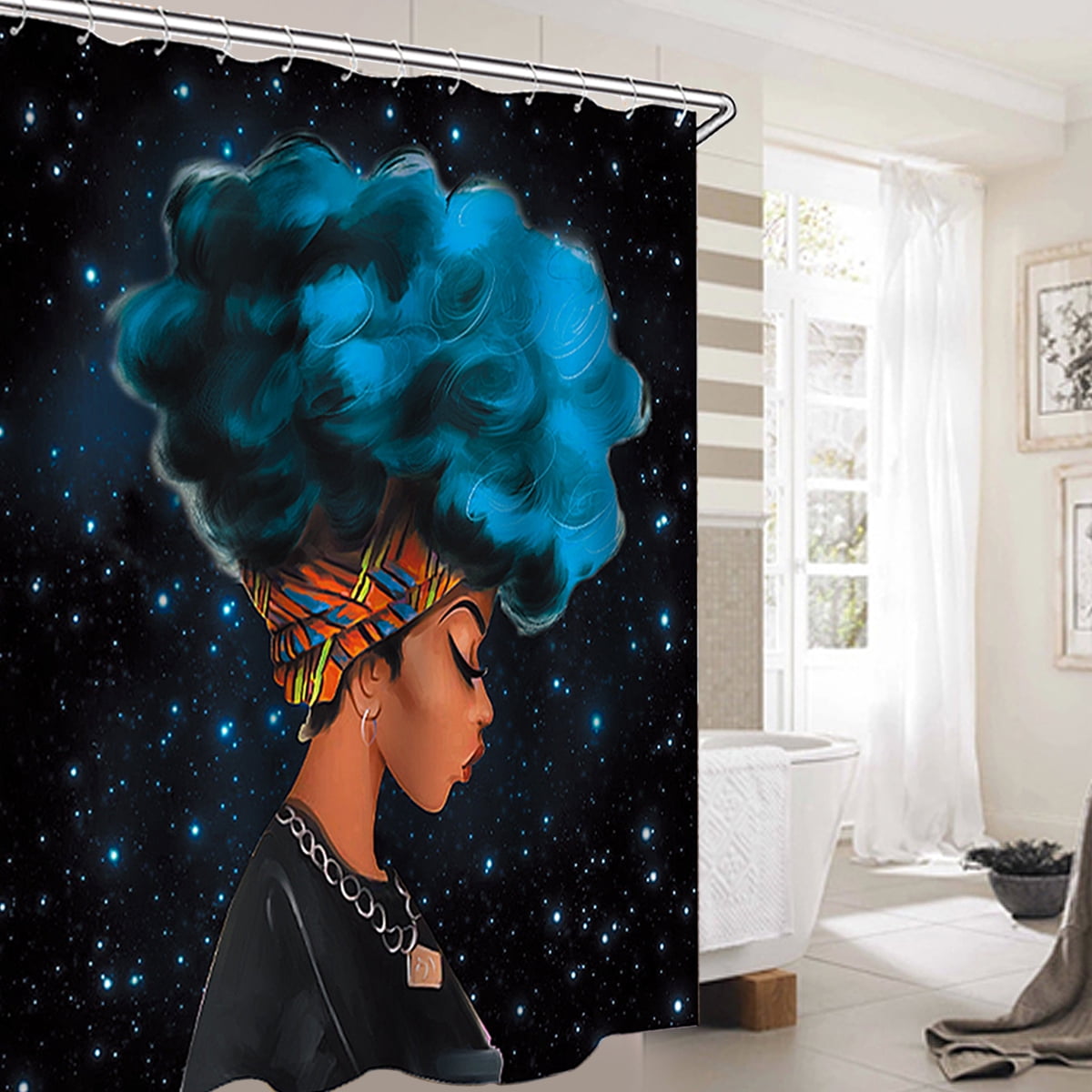 71" African Fashion Lady and Pet Dog Bathroom Fabric Shower Curtain & 12 Hooks 