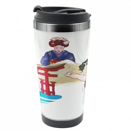 

Asian Travel Mug Japanese Woman and Building Steel Thermal Cup 16 oz by Ambesonne