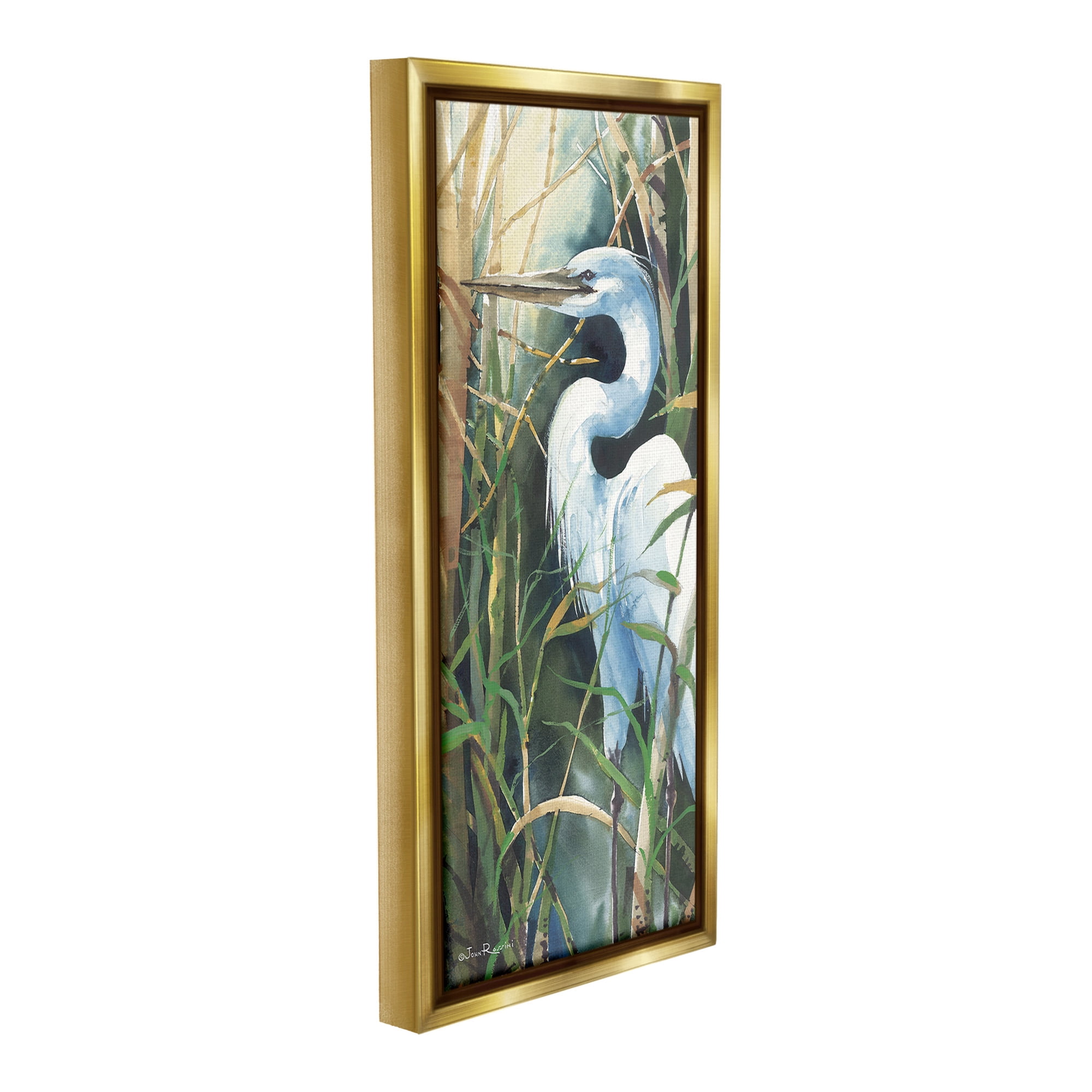 Stupell Industries Egret & Marshland Leaves Animals & Insects Painting Gold Floater Framed Canvas Art Print Wall Art, 11 x 25