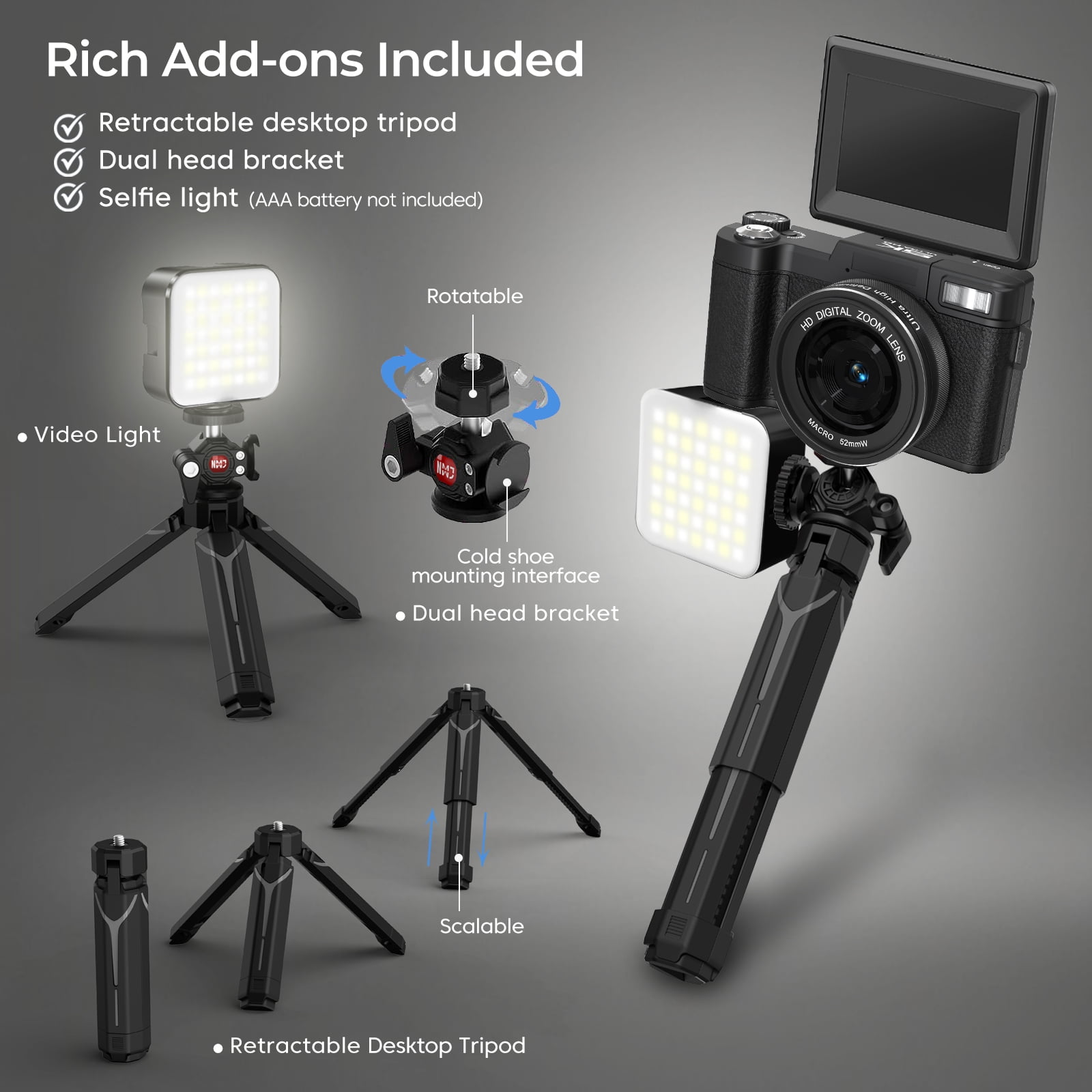 5K Vlogging Camera with WiFi 64MP 4K Digital Camera for Photography Vlog Camera with Flip Screen Video Camera for YouTube with Selfie Light, Desk Tripod, Batteries
