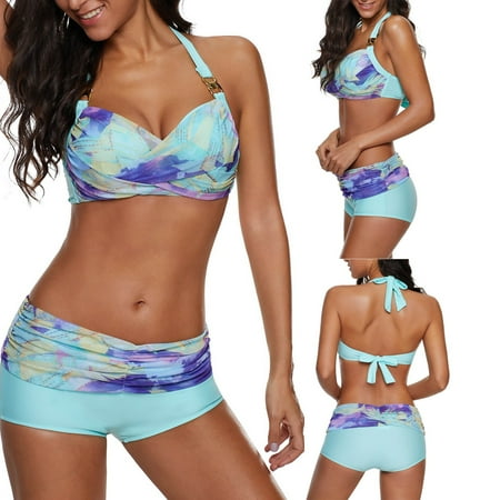 

Finelylove Two Piece Swimsuit For Women Lightly Lined Sport Bra Style Shorts Blue M