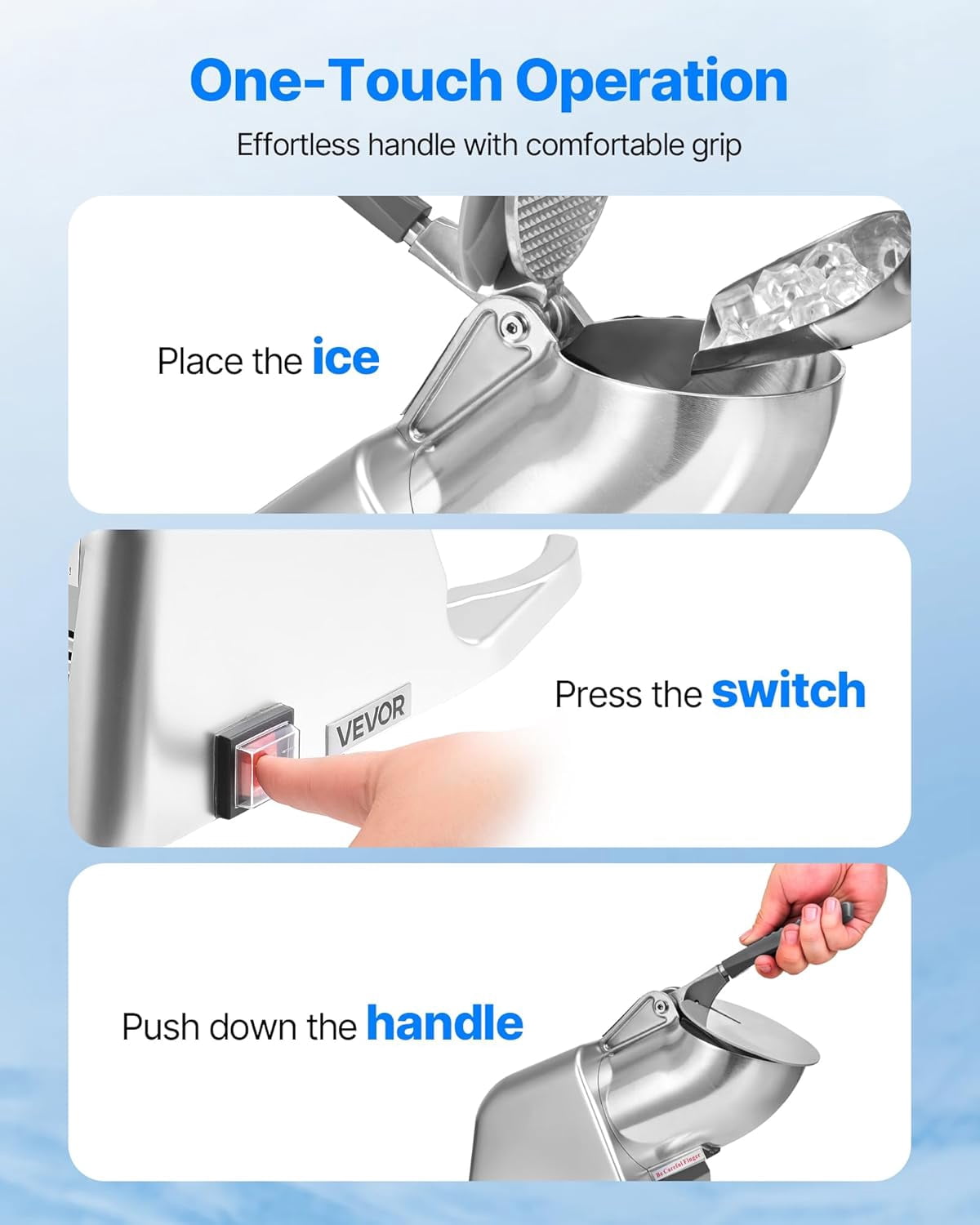 Ice Crusher , 143lbs Per Hour Electric 2 Blades Snow Cone Maker, Stainless Steel Shaved Ice  with Bowl and Cover, 300W 2000RPM Ice-Shaver for Home and Commercial Use, Silver
