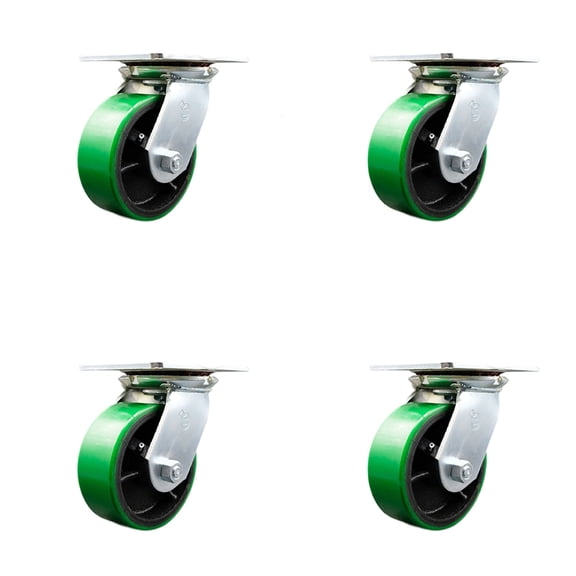 Heavy Duty Large Top Plate Polyurethane on Cast Iron Swivel Caster Set of 4 w/5" x 2" Green Wheels - Includes 4 Swivel w/Bolt on Swivel Locks - 3600 lbs Total Capacity - Service Caster Brand