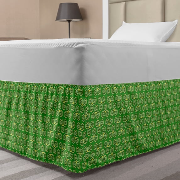 Triskele Bed Skirt, Swirling Triple Spiral Geometric Rings Abstract Repetitive Pattern Design, Elastic Bedskirt Dust Ruffle Wrap Around for Bedding Decor, 4 Sizes, Mustard and Green, by Ambesonne