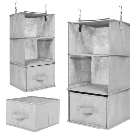 2 Pack Hanging Closet Organizer with Drawers, 3 Tier Fabric Hanging Shelves Wardrobe Storage System for Clothes, Sweaters & Socks, Closet Storage