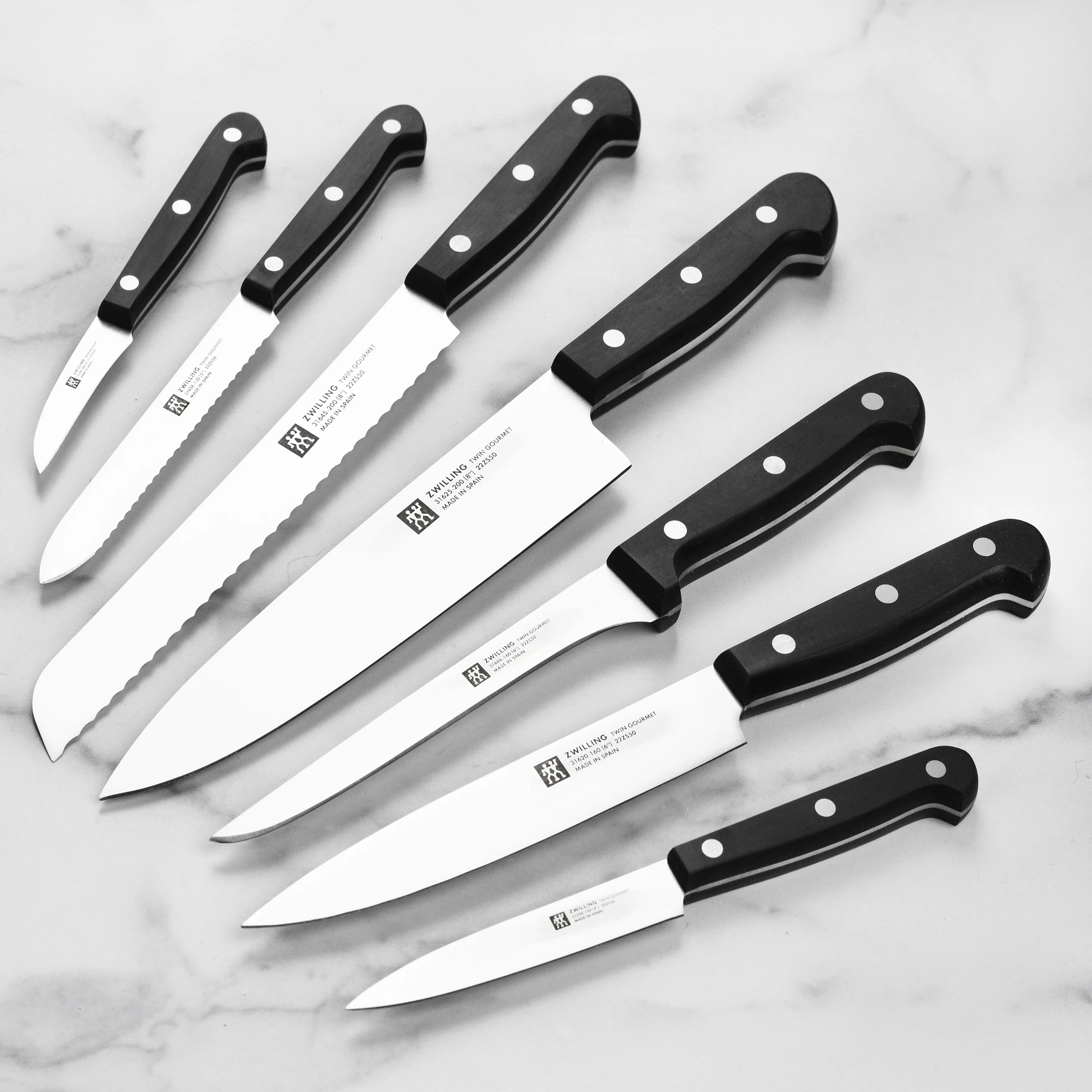 ZWILLING Twin Gourmet Classic 18-pc Knife Block Set, German Stainless Steel, 3 Rivet Handle, No-Stain, Includes Shears Honing Steel, Made in Spain