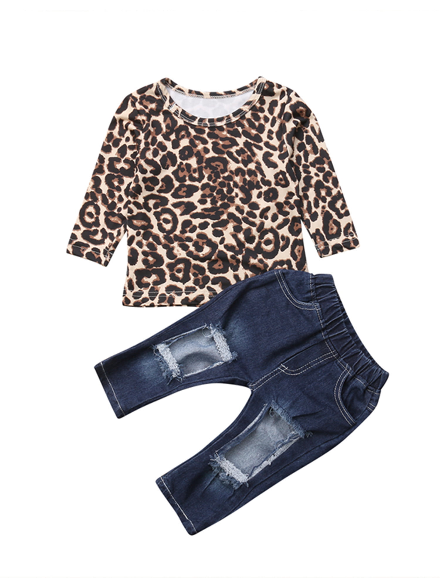Toddler Girl Clothes Cute Baby Outfits Tshirt Leopard Long Sleeve Ruffle Top Denim Ripped Jeans Pants 2PCS Sets 2T-5T 