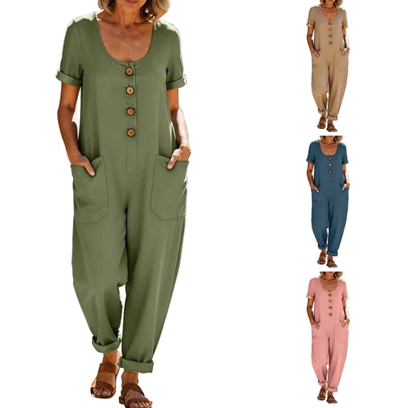 Women's Cotton Linen Solid‑Color Short‑Sleeve Jumpsuit U‑Neck Button‑Front Loose Baggy One‑Piece Pants with Side Pockets Army Green XL(XL)