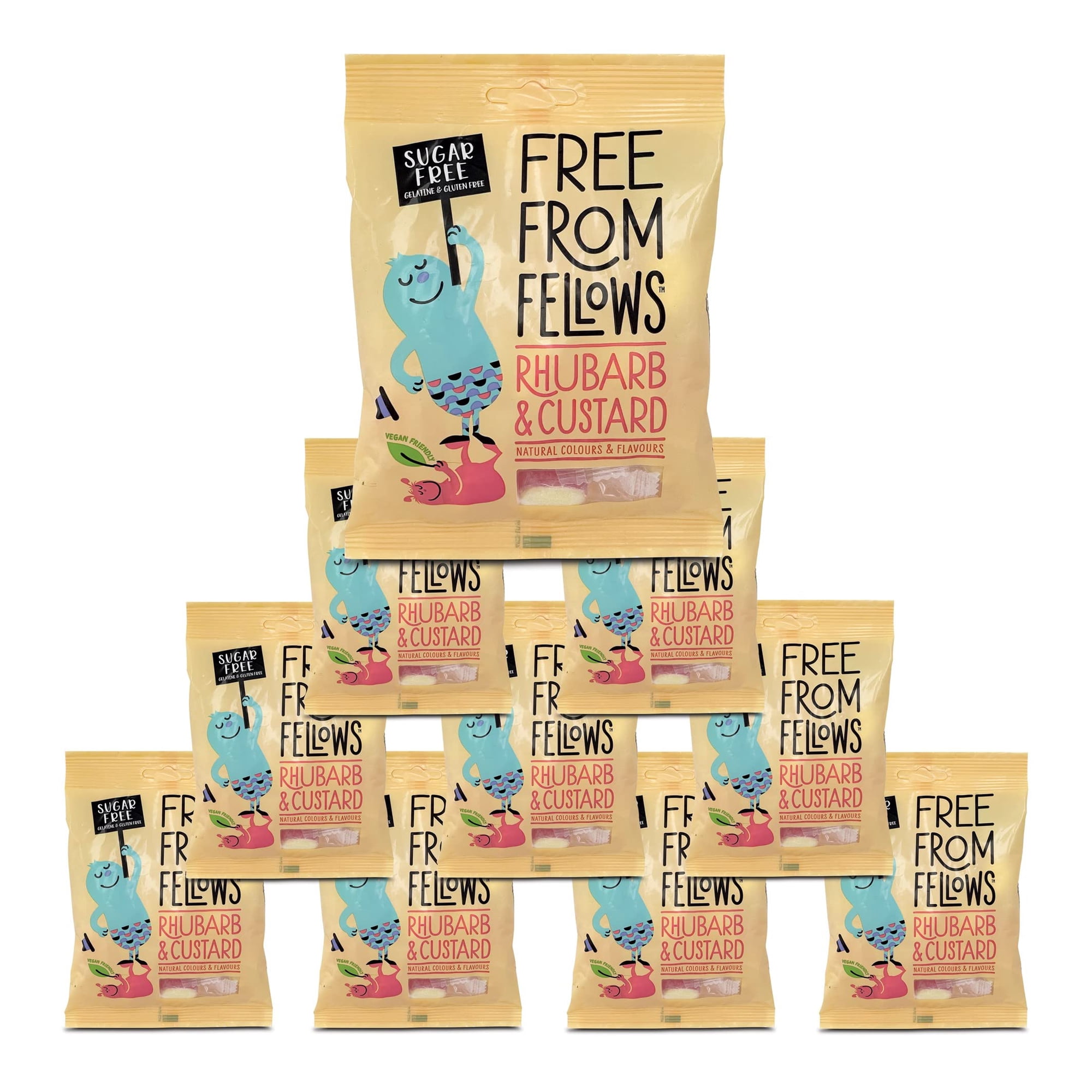 Free From Fellows - Rhubarb & Custard (10 x 70g) Sugar Free Sweets Gluten-Free Vegan Vegetarian Halal Kosher All Natural Colours & Flavours GMO Free No Preservatives No Nuts No Soy