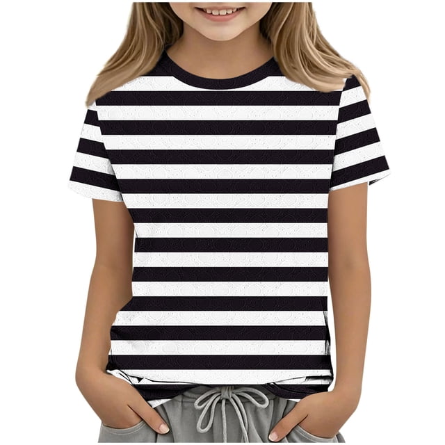 Zpanxa T Shirts for Girls Solid Color Round Neck Loose Fit Print Pattern Top Polyester Spandex 4-5 Years