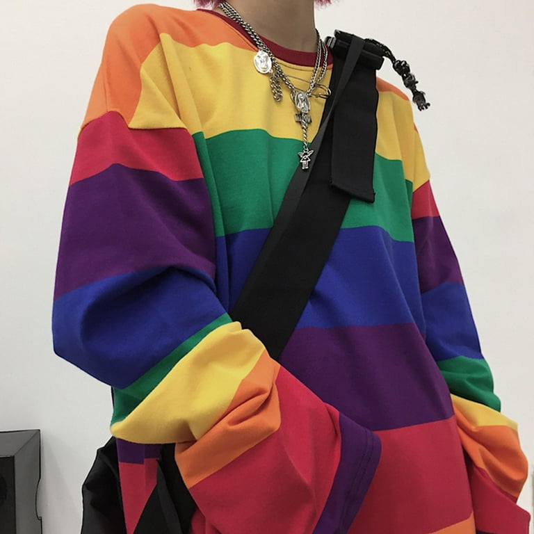 BOOYOU Women Long Sleeve O-Neck T Shirt Harajuku Rainbow