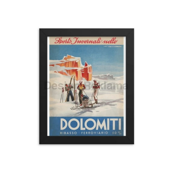 Winter Sports in the Dolomites, Italy circa 1936. Framed Vintage Travel Poster