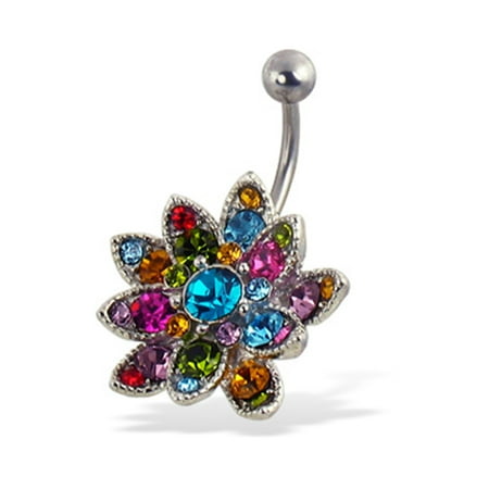 Multi Color Jeweled Flower - Multicolor Jeweled Flower Belly Button Ring