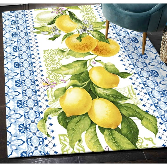 Lemon Rug, Blue Rugs, Yellow Rug, Modern Rug, Bath Rug, Hallway Rug, Kitchen Rug, Bridesmaid Gift, Pet Friendly Rug, Yellow Rug, Summer Rug, 2'x3' - 60x90 cm