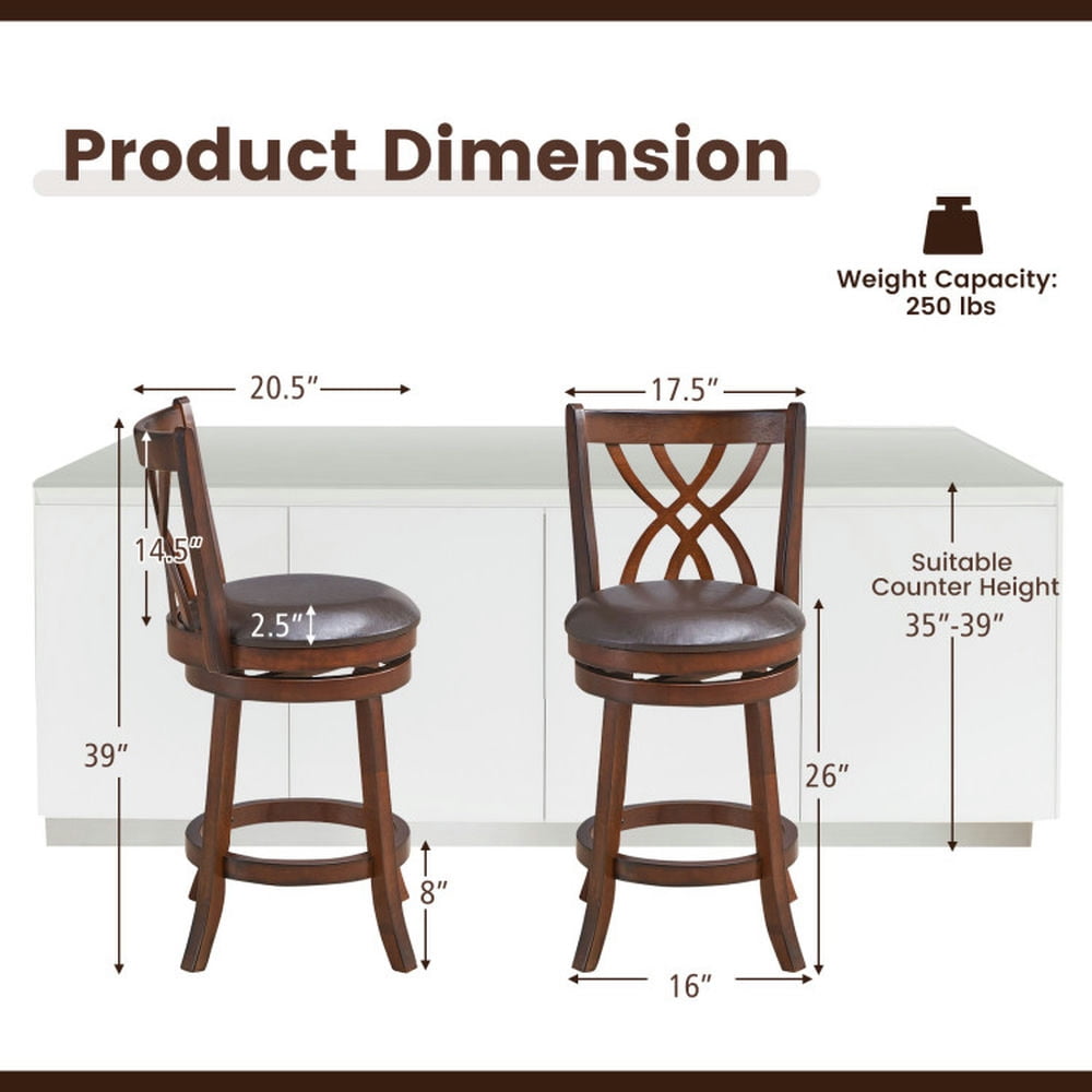 Demi Bonn 360° Swivel Counter Height Bar Stools with PU Leather Cushioned Seat and Footrests, 26" Modern Dining Chair with Backrests, Brown
