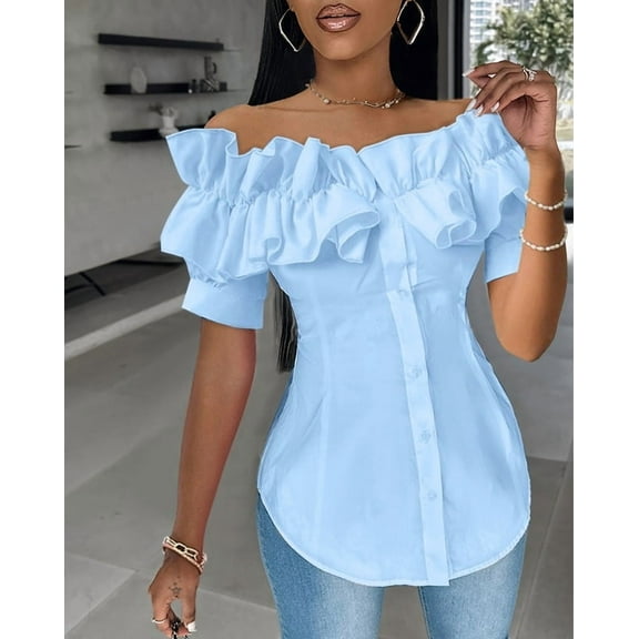 ZOELNIC Women's Sexy Ruffle Trim Off Shoulder Short Sleeve Button Down Blouse Shirts Summer Loose Tunic Tops, S