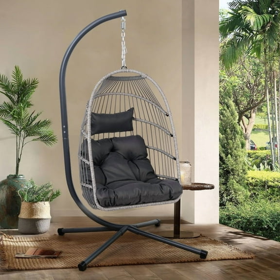 Outdoor Egg Hanging Chair with Stand, Patio Wicker Swing Egg Chair Indoor Swinging Chair Outdoor Hammock Egg Chair