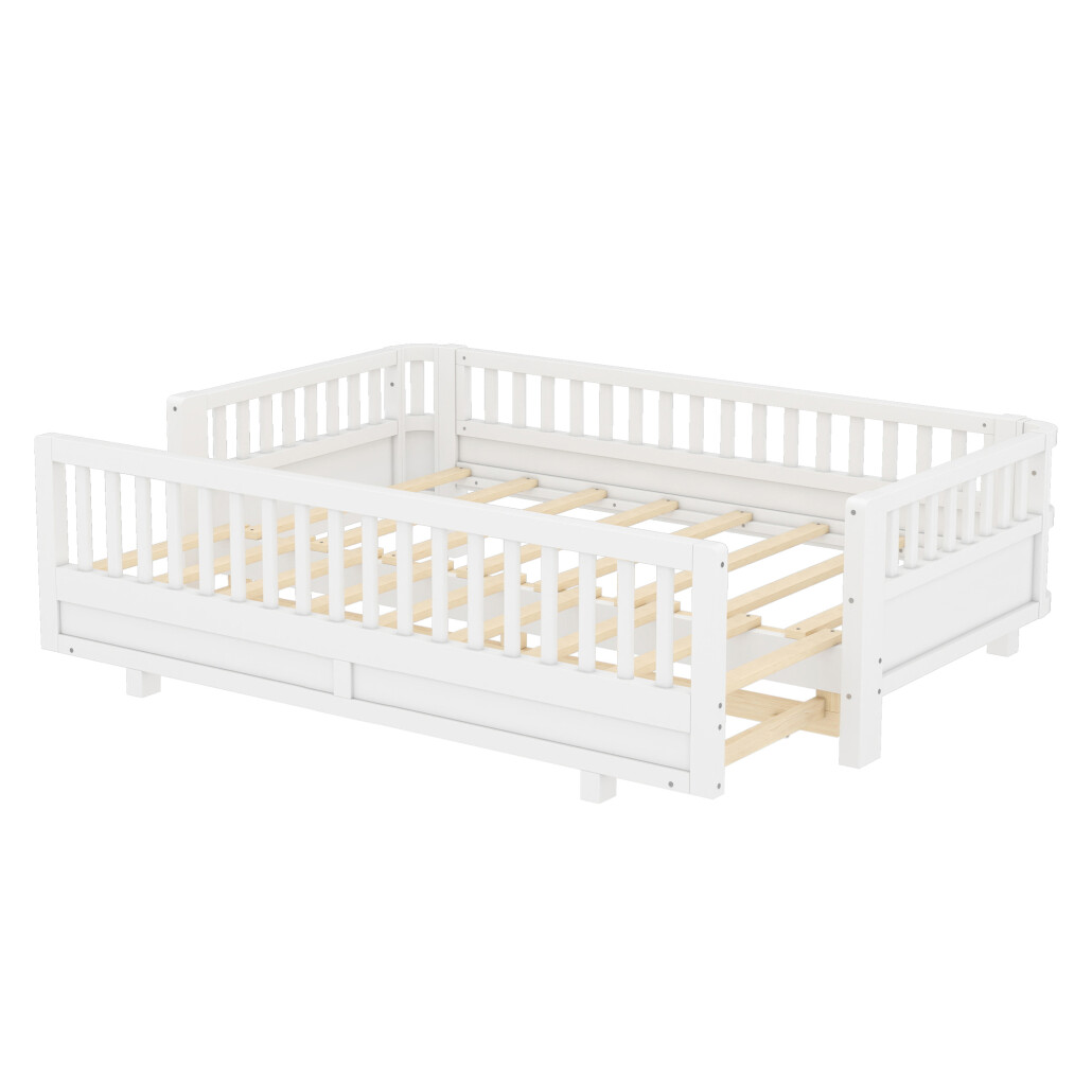 Twin XL Montessori Floor Bed or Queen Platform Bed for Kids, Solid Wood Twin XL Bed Frame with Guardrails, 2-in-1 Convertible Toddler Bed Frame, White