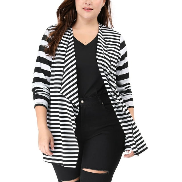 GRACE & GRANDEUR Women's Plus Size Open Front Long Sleeve Mixed Striped Cardigan 3X Black