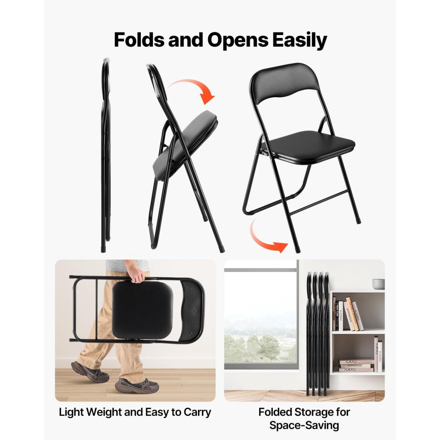 Folding Chairs Set of 4, Padded Leather Folding Chairs with Heavy-Duty Metal Frame, Portable Folding Chairs for Home, Parties, Events, Meeting Room, Black