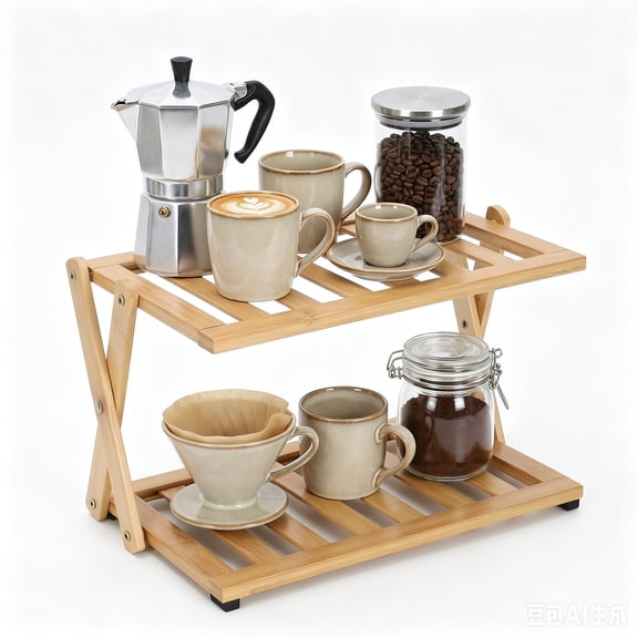Brabtod 2-Tier Bamboo Countertop Organizer Shelf, Foldable Coffee Bar Storage Rack for Espresso Machine, Coffee Accessories, Plants, Spices & Kitchen Counter