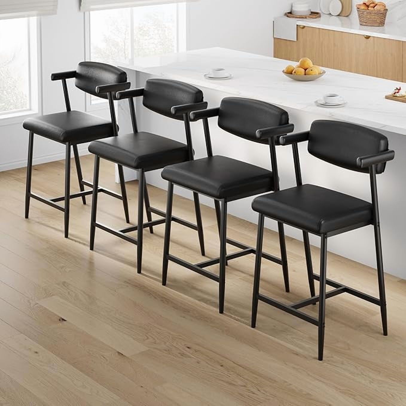 26'' Bar Stools Set of 4, Modern Counter Height Bar Stools with Arms & Backs, Kitchen Island Chairs, Leather Upholstered Barstools with Durable Rustic Black Metal Frame/Black Leather