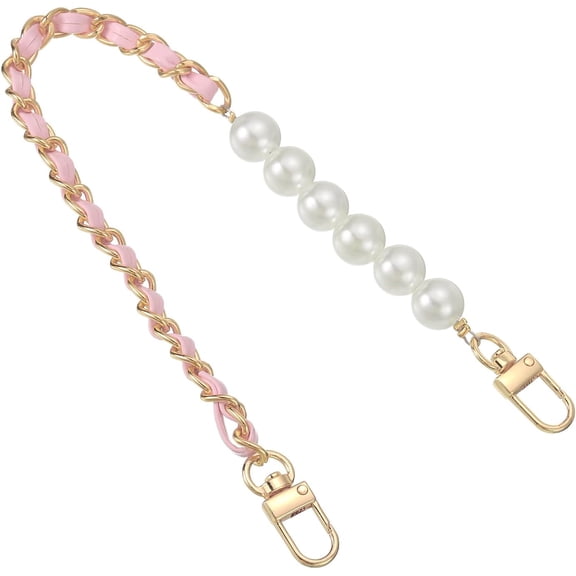 Leather Wristlet Strap, 350mm/14-inch Imitation Pearl Short Handle Hand Wrist Purse Chain Strap Replacement for Mobile Case Clutch Wallet Keychain Bags DIY (Pink, Gold)