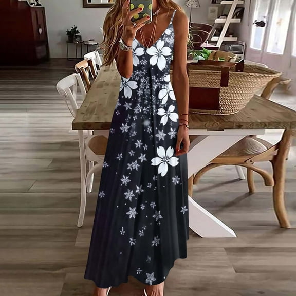 Gamivast Boho Dresses for Women Relaxed Flowy Sleeveless V Neck Maxi Dress Spaghetti Strap Vintage Floral Beach Dress Summer Vacation Holiday Outfit