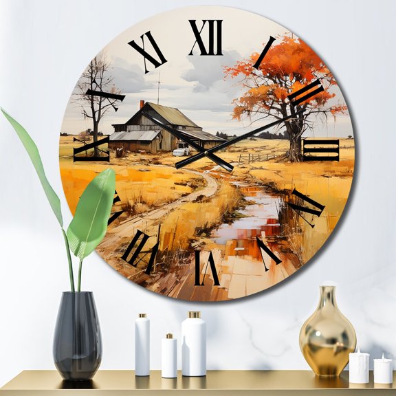 Designart "Orange Farm Autumn horizon I" Farmhouse Oversized Wall Clock