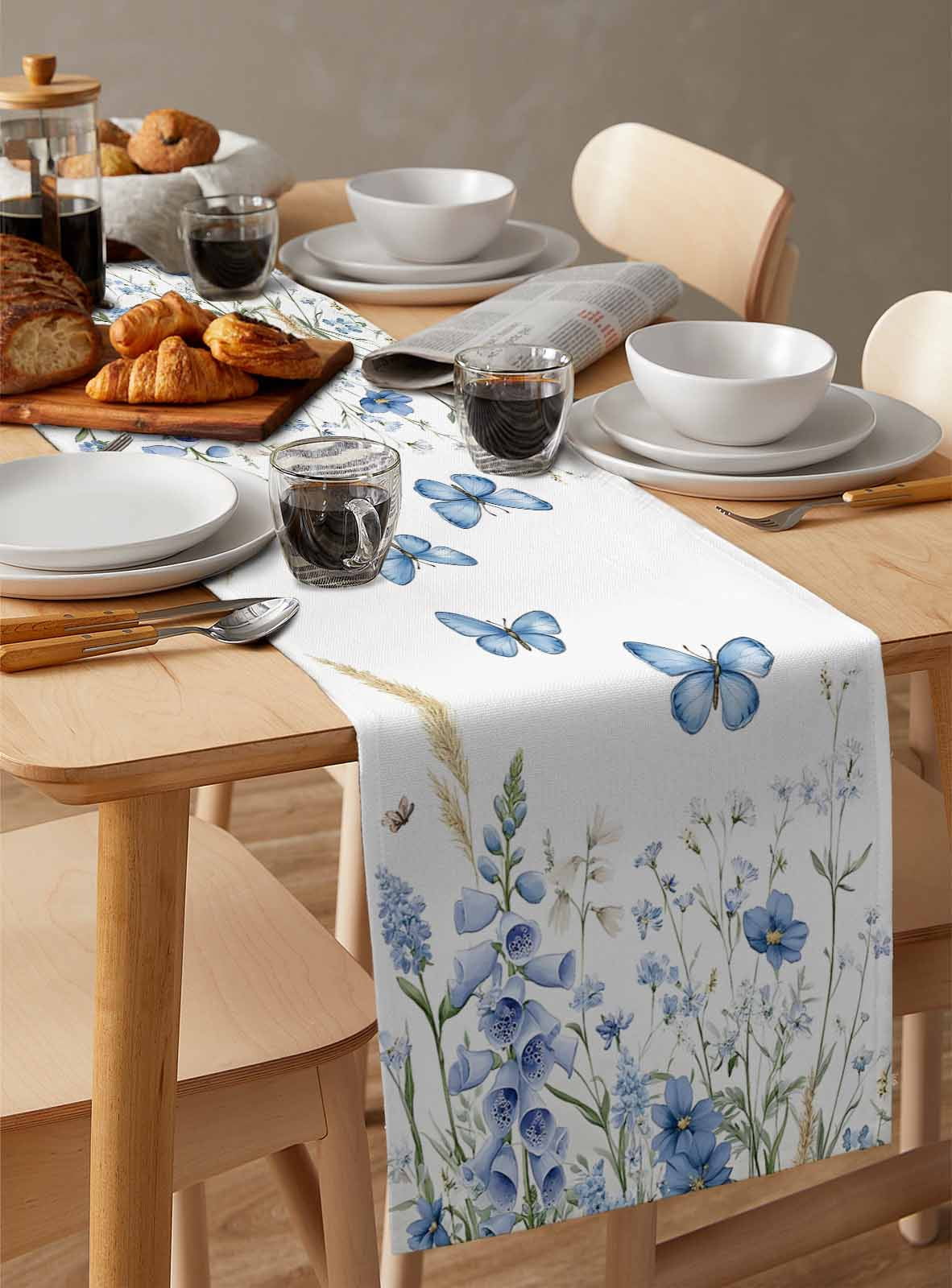 Ldtrchee Blue Spring Floral Table Runner 72 Inches, Butterfly Summer Botanical Elegant Bed Runner Dresser Scarves Tabletop for Indoor Outdoor Parties/Ceremony/Banquet, 18" x 72"